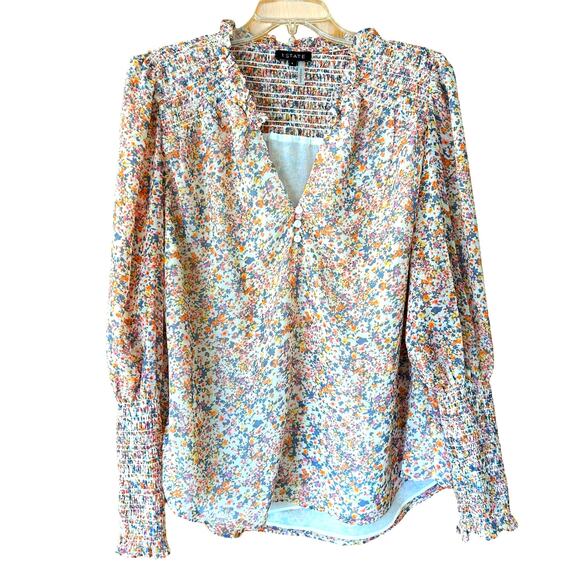 1.State Floral Smocked Peasant Blouse Top Women's Size L Chiffon - Picture 2 of 8
